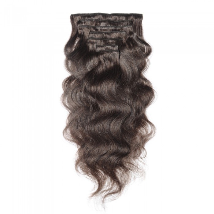18" #4 Chocolate Brown Body Wave Clip In Human Hair Extensions