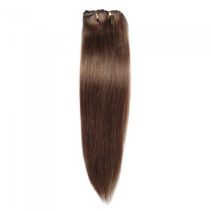 24" #8 Light Brown Straight Clip In Human Hair Extensions